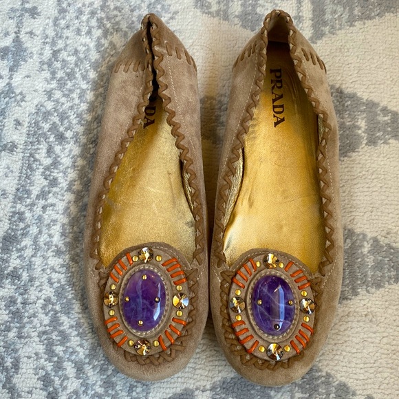Prada Tan Suede Moccasin Flats 37.5 - Picture 1 of 7
